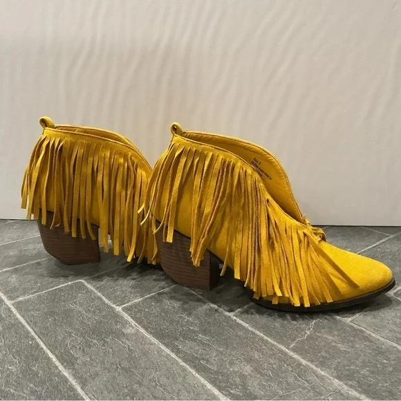 Wild G Golden Yellow Fringe Slip On Bootie Ankle Boot - Picture 3 of 11
